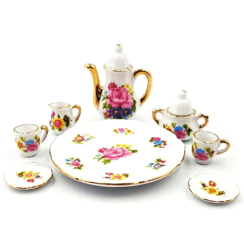 

8 pcs/lot Cute Miniature Dollhouse Dinnerware Porcelain Tea Set Tableware Cup Plate Colorful Floral Print