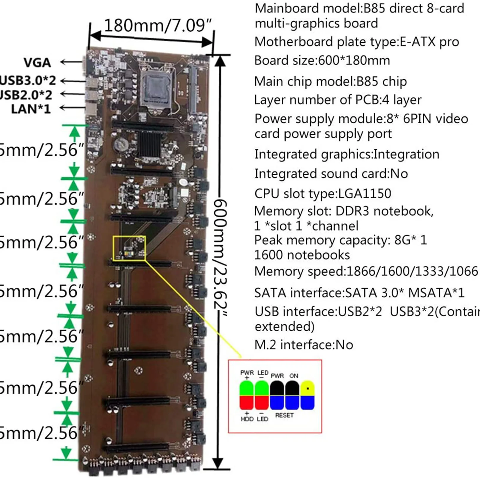 

Материнская плата B85 1150 Pin 4 USB3.0 LAN DDR3 8 PCIE 16X GPU 8 слотов для карт 65 мм Шаг 8 Гб материнская плата для майнинга BTC
