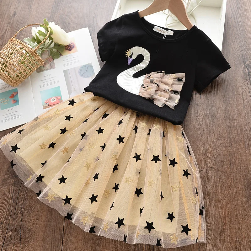 

27kids Fashion Girls Cartoon Swan short sleeve T-shirt Cute Children Korean Star Mesh Baby Princess Dress