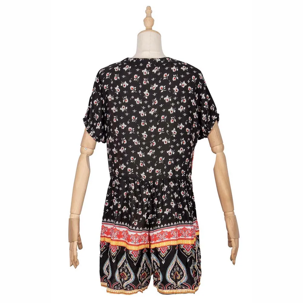 

Women Summer Floral Print Playsuit Beach Boho V Neck Sexy Short Jumpsuit Wide Leg Casual Rompers Elegant Loose Overalls Fashion