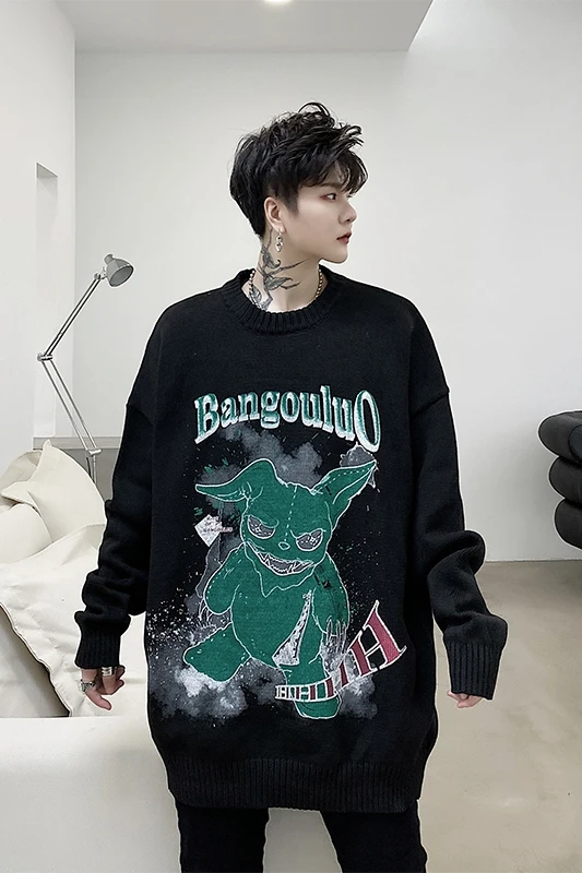 

Men Sweater Knitted 2020 Autumn Winter Clothes Print Hip Hop Dark Gothic Sweaters Pullover Loose Streetwear Men Clothing Pull