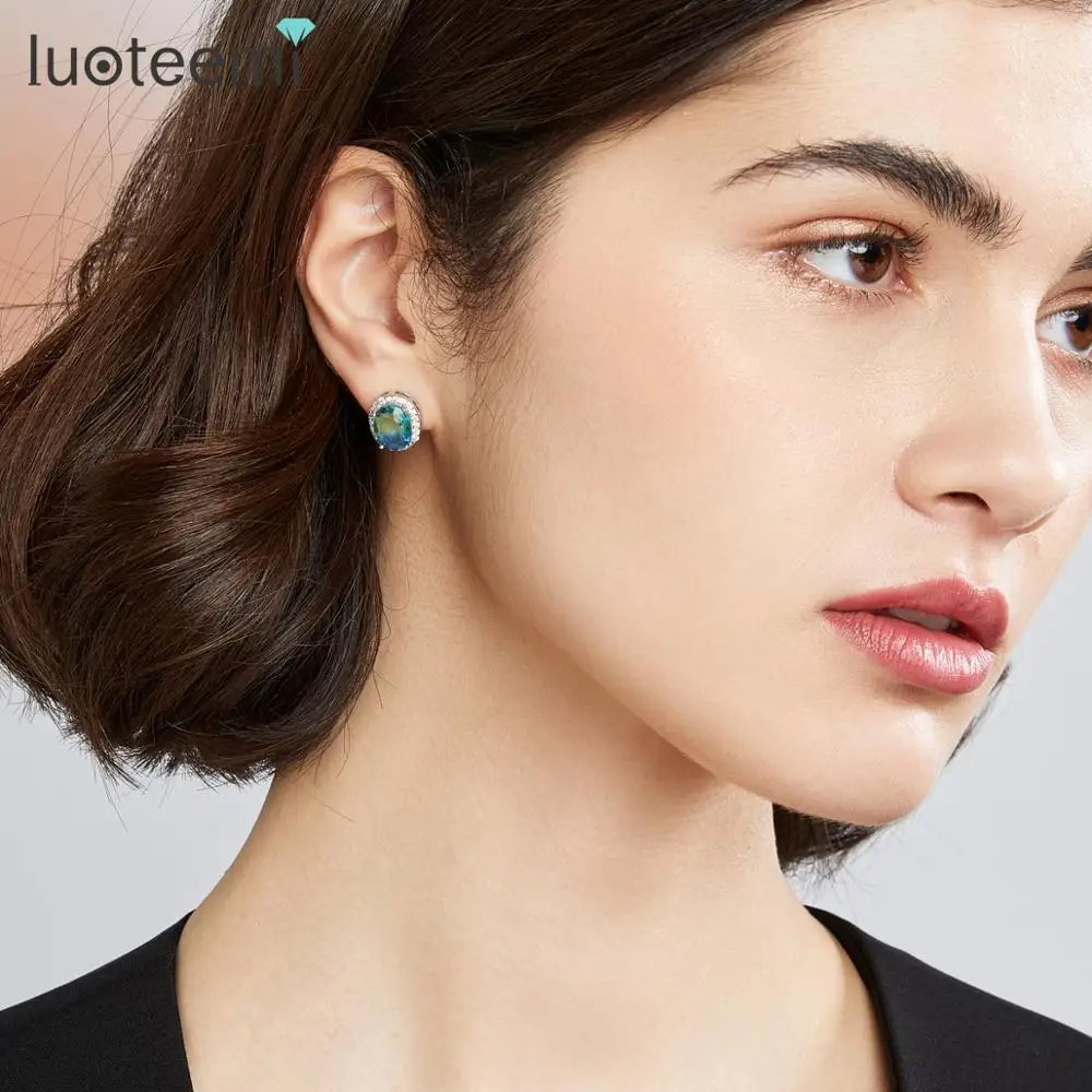 LUOTEEMI Female Rainbow Oval Crystal Earrings AAA Cubic Zirconia Fashion Jewelry CZ Stud Earing For Women Valentine's Day Gifts |