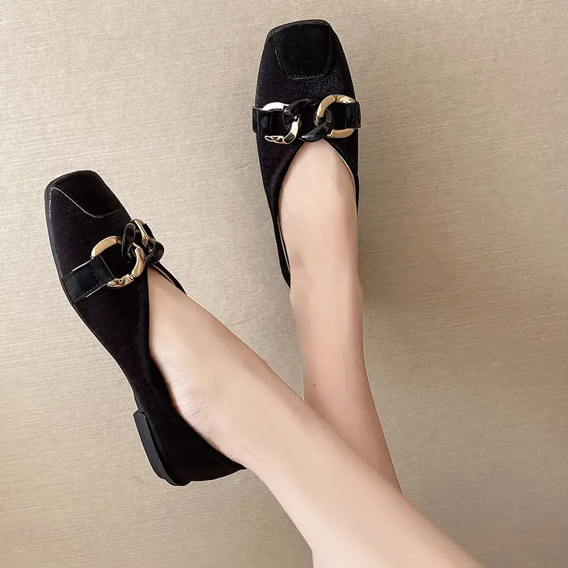 

Brand Women Shoes Ballet Flats Metal Decoration Loafers Soft PU Leather Casual Shoes Woman Square Toe Slip-On Spring/Autumn shoe