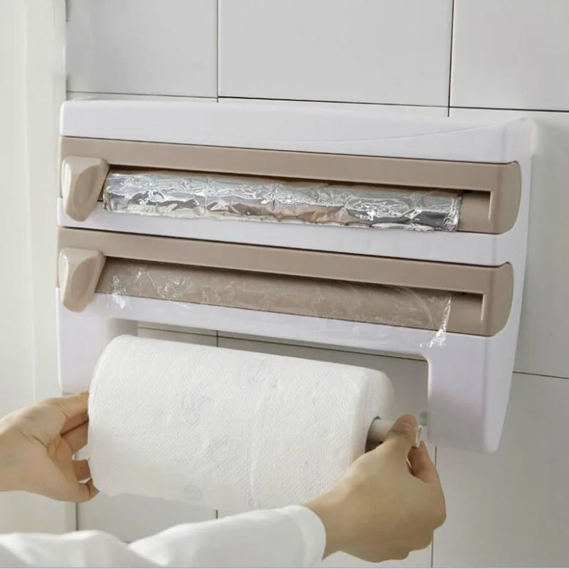 

QQJJPlastic Refrigerator Hanging Barbecue Cling Film Storage Rack Wrap Cutter Wall Hanging Paper Towel Holder Kitchen Organizer