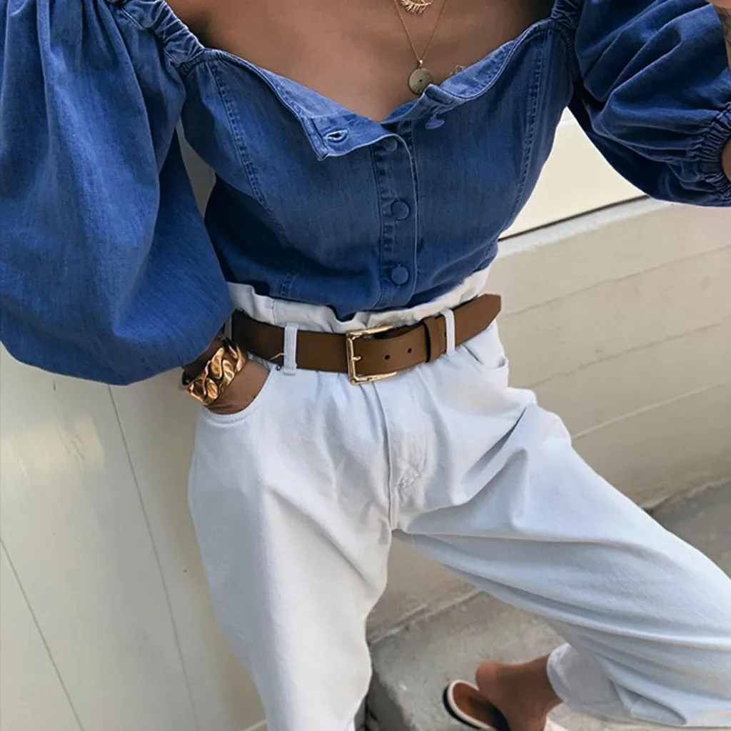 Сексуальная Блузка с длинным рукавом-фонариком Весенняя джинсовая рубашка без