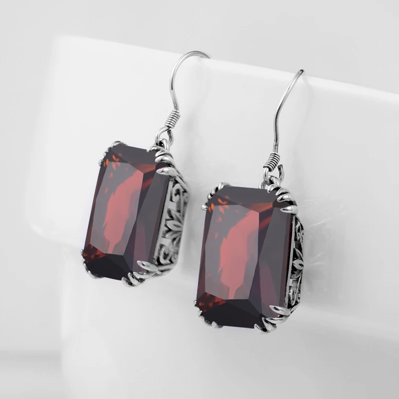 Женские серьги из серебра 100% пробы с квадратными гранатами|Серьги-подвески| |