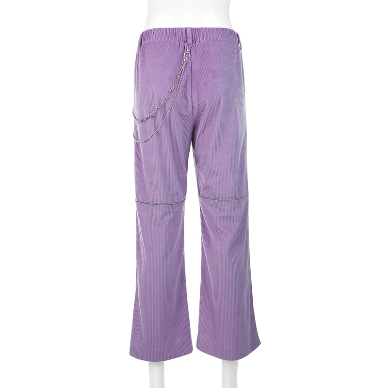 

Streetwear Baggy Trousers Metal Chain Corduroy Pants Women 2020 Reflective Stripe Patchwork Straight High Waist Pants