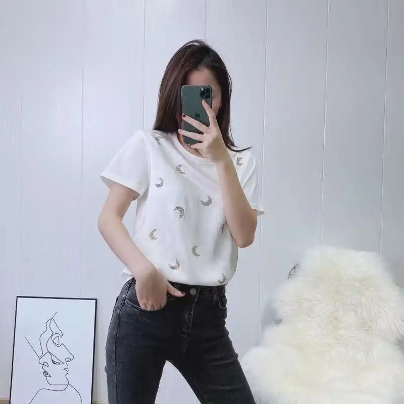 Женская шелковая футболка с рисунком Луны стразы круглый вырез короткий рукав