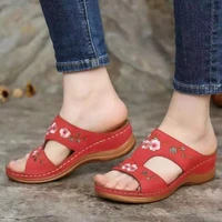 summer new women shoes hollow flower embroidery womens sandals wedge heel large size womens slippers