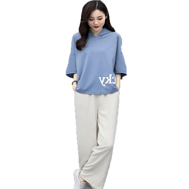 

Cotton and Linen Wide-leg Pants Suit Female 2020 Spring and Summer New Korean Fashion Casual Hoodie Sweater Two-piece Tide