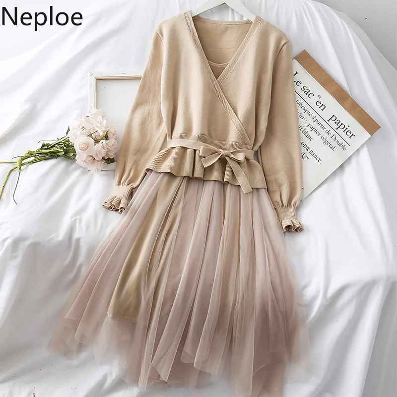 Женское платье Neploe,, Осень-зима, комплект из 2 предметов,, на шнуровке, с бантом, v-образный вырез, свитер+ высокая талия, сетка, Лоскутная юбка, элегантная 47115