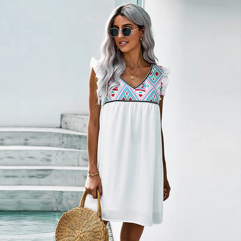 

2021 summer European and American bohemian style V-neck dress women loose sleeveless pullover knee-length skirt