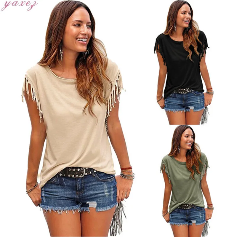 

Женская хлопковая Повседневная футболка с кисточками, Однотонная футболка с короткими рукавами, топ с коротким рукавом и круглым вырезом, ж...