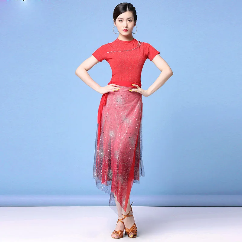 With Red Hip Scarf Женское бальное платье для латинских танцев, 3 предмета, топы, штаны, одежда для танго, танцевальная одежда с шарфом на бедрах, профессиональная одежда для бальных танцев - Цвет: With Red Hip Scarf