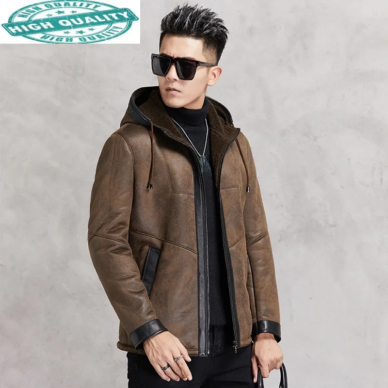 

Warm Winter Sheep Shearing Casaul Men Coat Hooded Leather Jacket Fashion Autumn Mens Clothes Veste Homme WPY4201