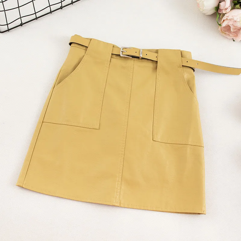 Yellow Skirt Винтажные юбки из искусственной кожи с высокой талией, осенне-зимняя женская мини-юбка из искусственной кожи, одноцветная женская короткая юбка с карманами и поясом - Цвет: Yellow Skirt