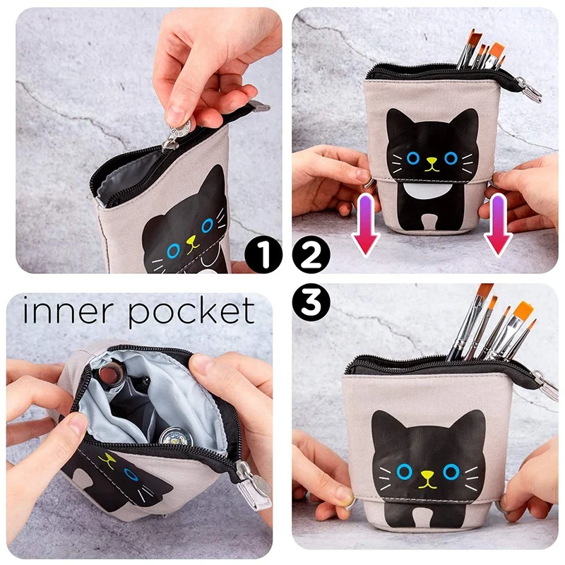 

NEW-2Pcs Telescopic Pen Case Canvas Cute Cat Pencil Pouch Pen Stationery Bags Holder Stand Up Make Up Bag for Students