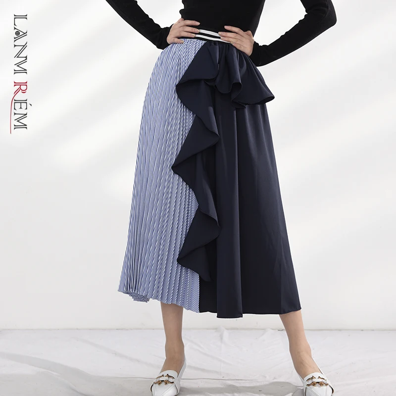 

LANMREM 2022 новая весенняя юбка модная женская одежда тонкая полосатая эластичная юбка с оборками контрастного цвета трапециевидная юбка WG19005