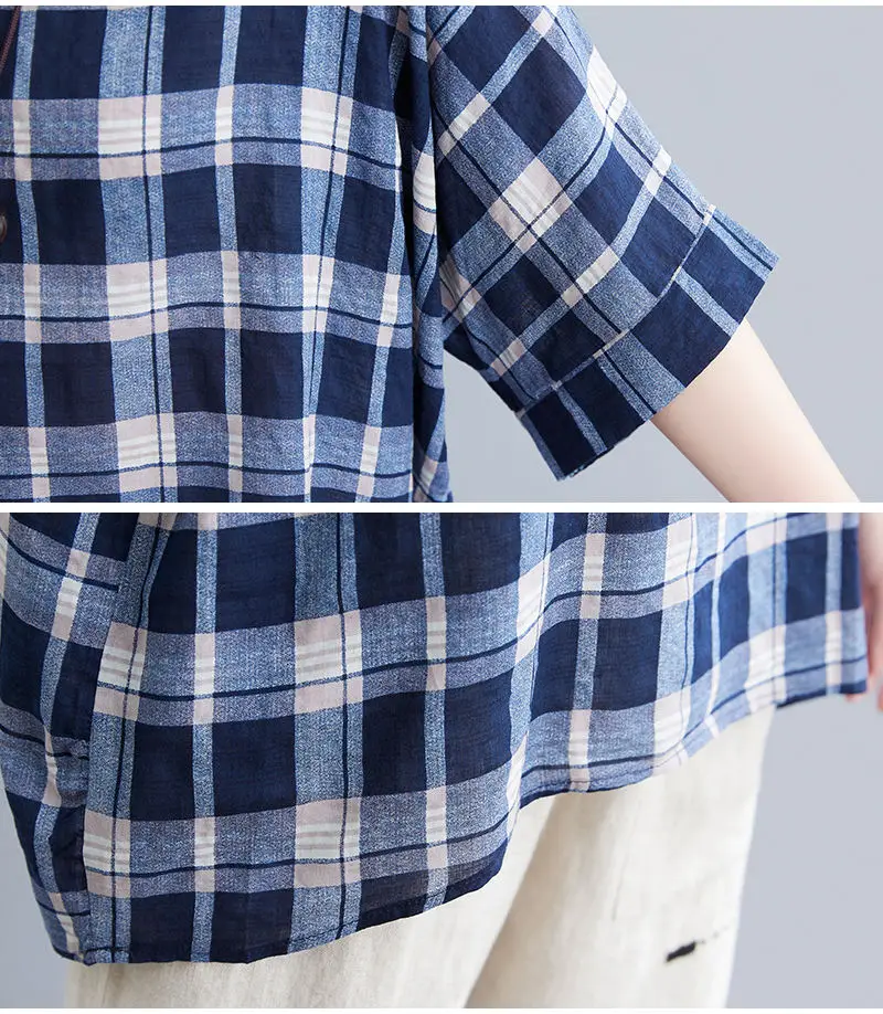 

2021 New Summer Shirts Women Fashion Pliad Short Sleeve Cotton Linen Shirts Tops Female Clothing Casual Loose Blouse