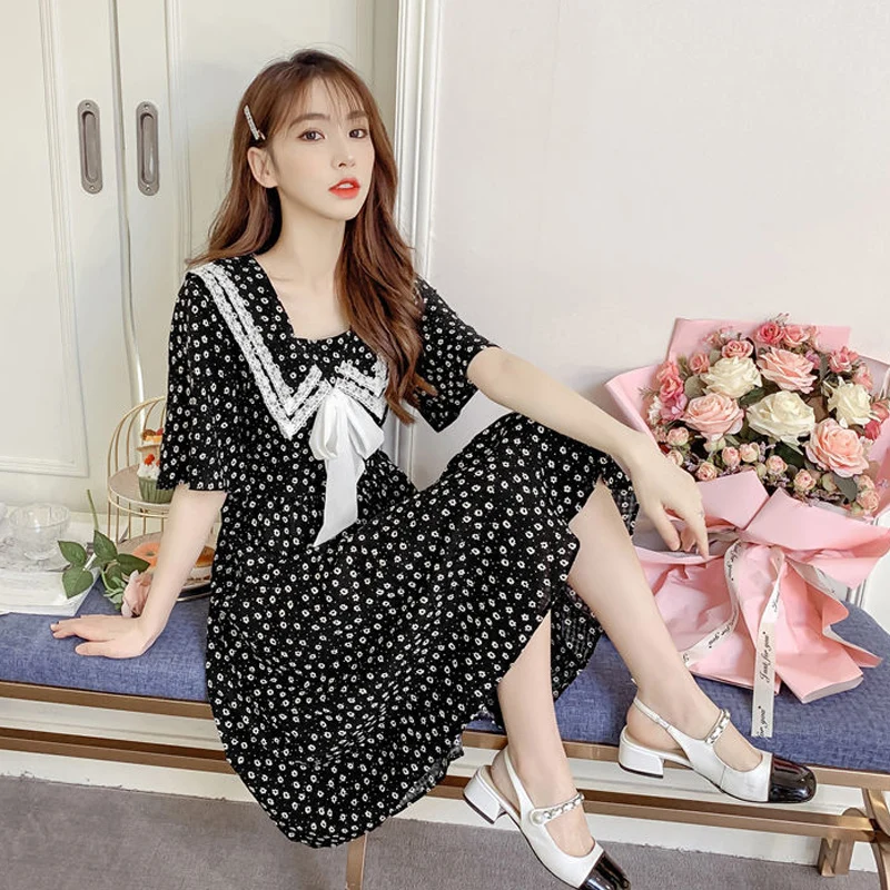 

Summer Dresses Casual Work Clothes For Woman 90s Streetwear Vintage Lolita Style Floral Print Sailor Collar Dress Short Party
