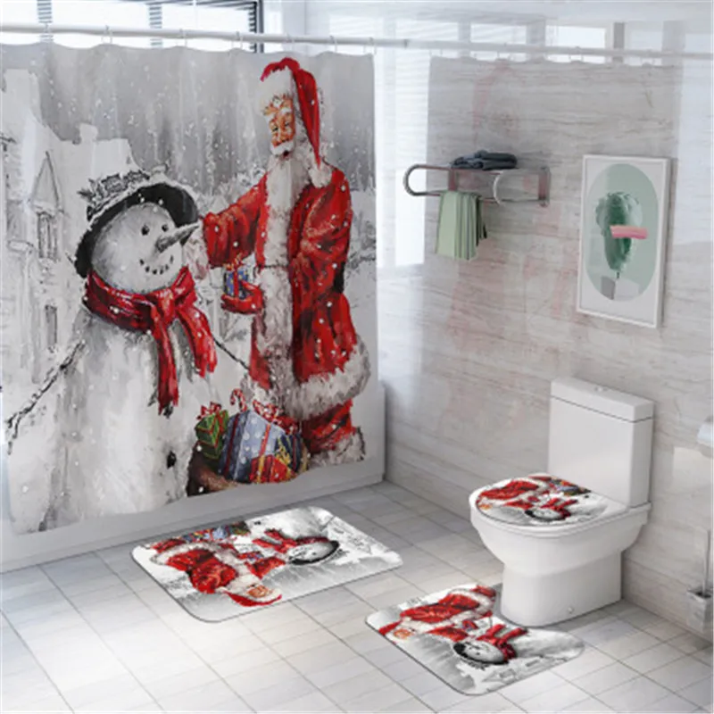 

4Pcs/set Bathroom Mat Set Non-slip Christmas Bathroom Decor Santa Claus Bath Mat Shower Curtain Floor Mat Washable Toilet Rug