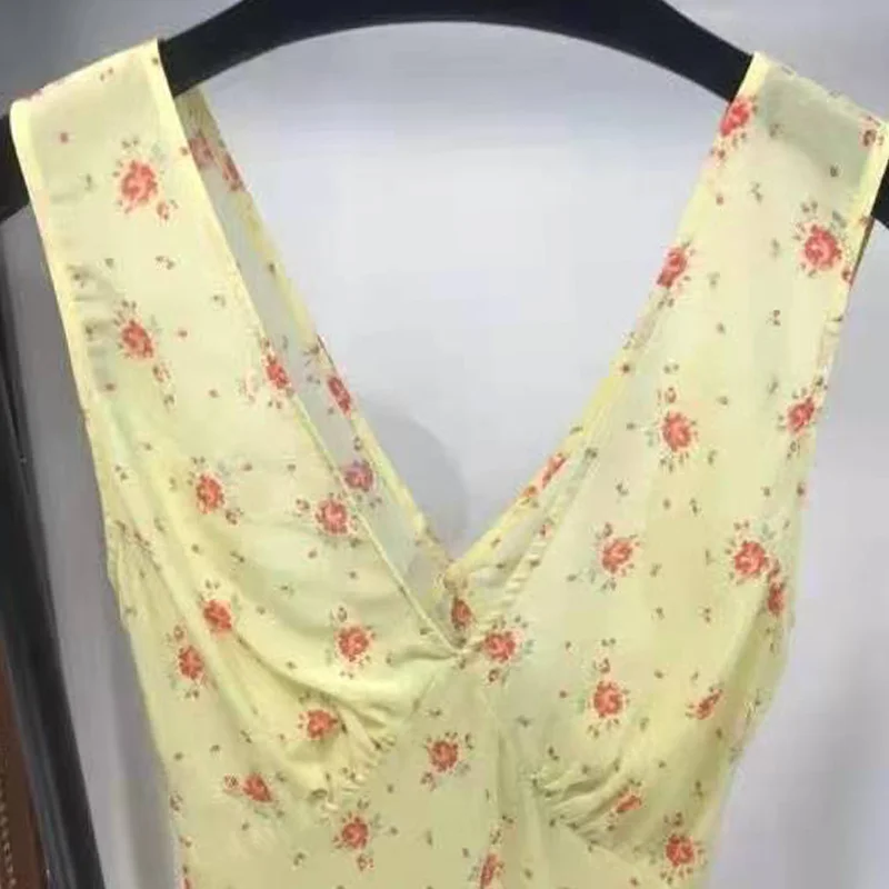 

LouLan Queen High-end Sleeveless Casual Yellow Dress Sweet Floral Print Short Lovely Silk Summer Dress Runway Design