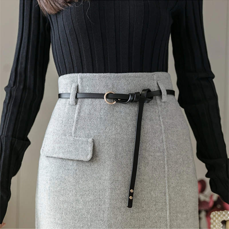 

REALEFT 2020 New Autumn Winter Elegant Woolen Women Long Skirts with Belt High Waist Chic Split Sheath Wrap A-Line Skirts Ladies