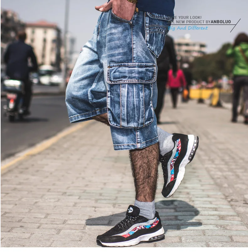 Mens Hip Hop Knee Length Cargo Denim Shorts Big Men Loose fit Straight Baggy Jeans Short pants Multi Pockets 40 42 44 46
