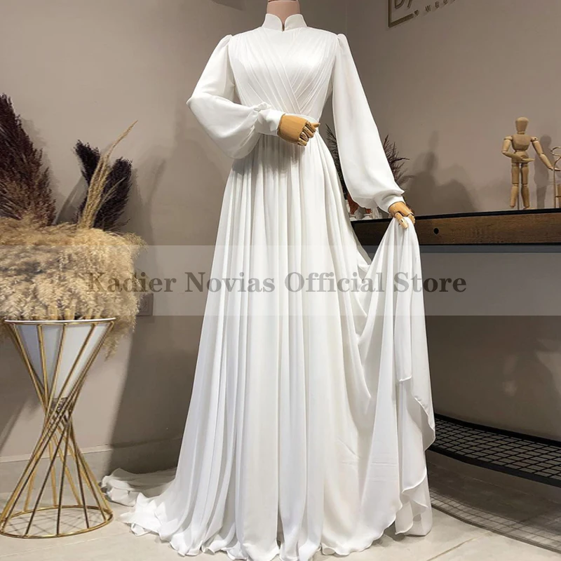 

Women's Long Sleeve White High Neck Muslim Arabic Evening Dresses 2021 Party Dress Women Formal Prom Dress 2021