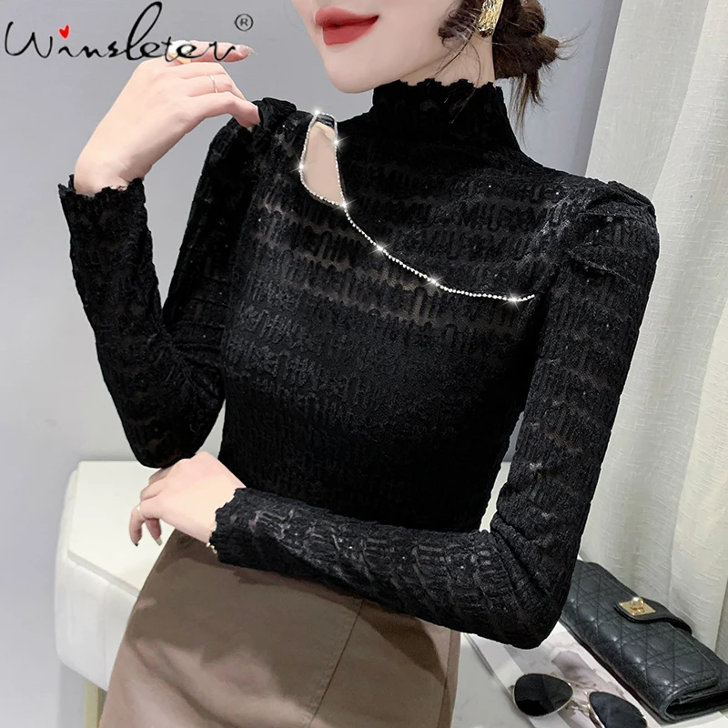 

MadBlack Spring Summer Lace T-Shirt Fashion Sexy Turtleneck Hollow Out Chain Diamonds Women Tops Long Sleeve 2022 Tees T1D823A