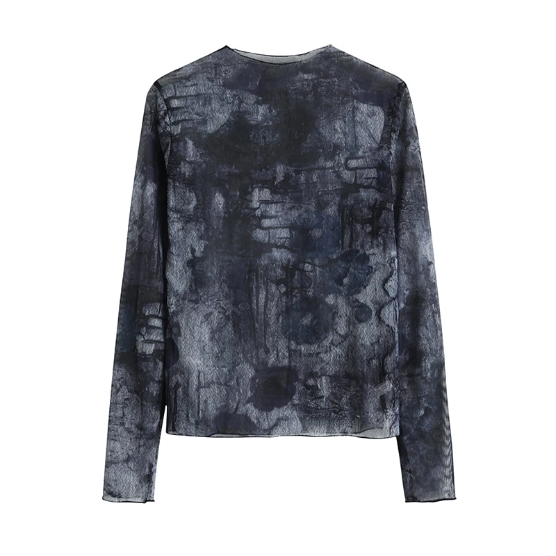 

Thin Retro Abstract Print Elastic T-shirt Long Sleeve O Neck Simple Fashion T-shirts Casual All Match High Street Spring Tops