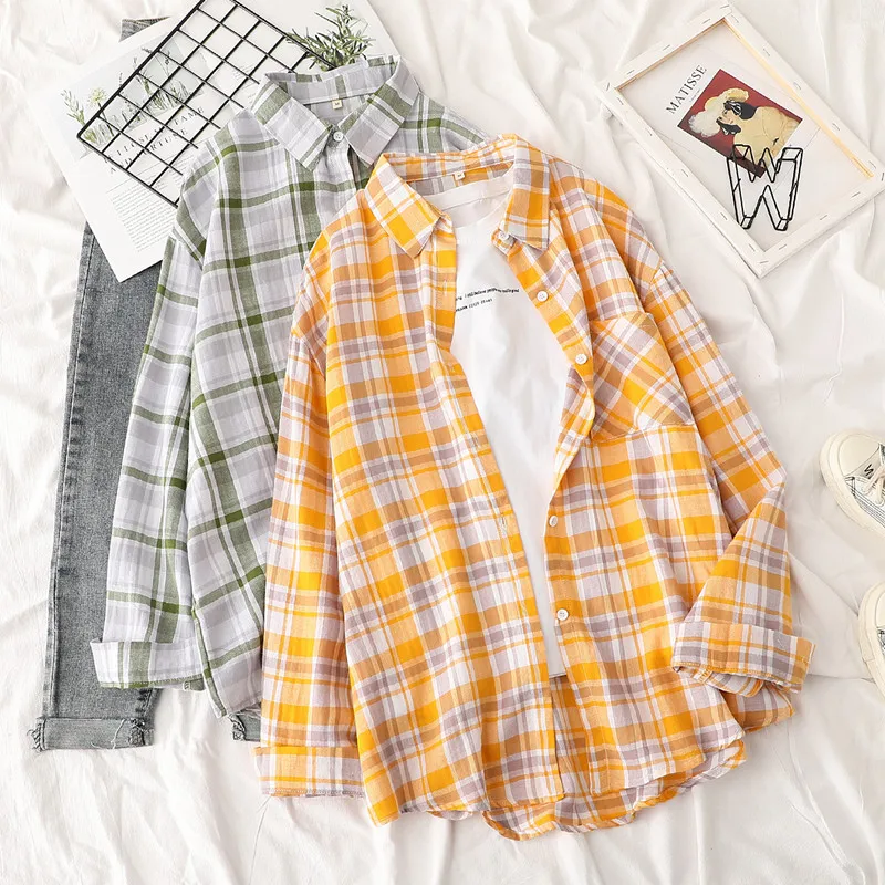 Качественная тонкая хлопковая свободная клетчатая рубашка средней и длинной