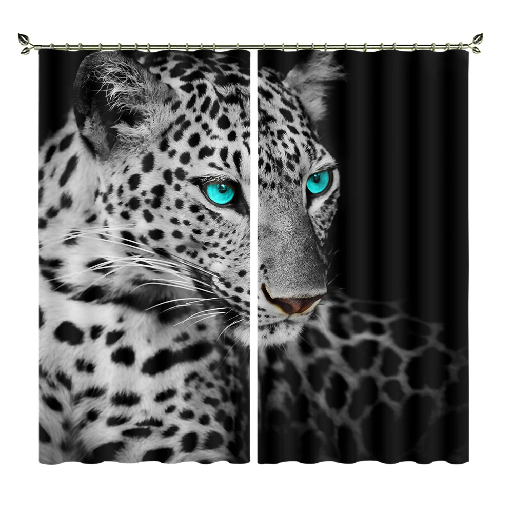

Black Bottom Blue Eyes Leopard High-precision Blackout Curtains Personalized 3D Digital Printing Curtains DIY Photos