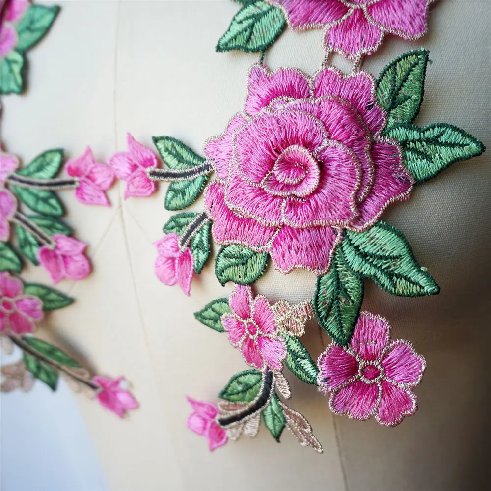 2 шт. розово красные 3D цветочные вышитые аппликации для платья кружевные тканевые