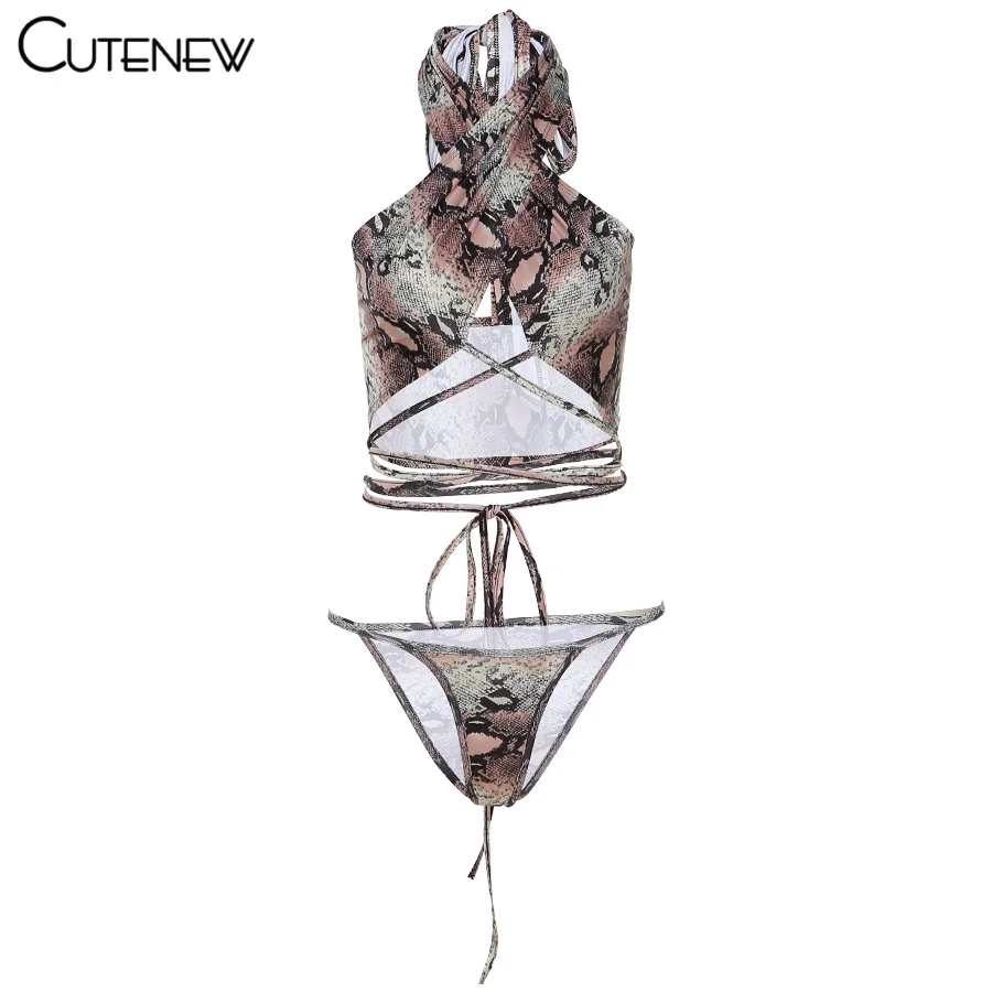 

Cutenew Vintage Print Two Piece Sets Women 2021 Sexy Halter Bandage Cleavage Swimsuit Female Hot Party Clubwear Summer Clothings