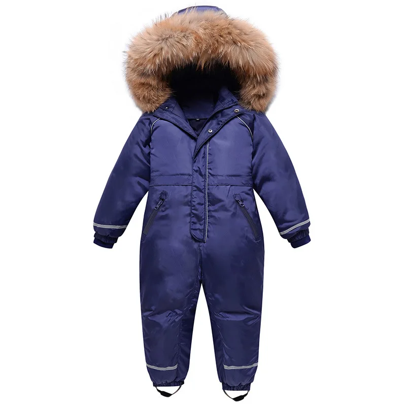 2021Winter Teenager Boys Girls Thick Jumpsuit Fur Hooded Duck Down Toodler Baby Down Coats Outfits Snowsuit Kids Romper Overalls