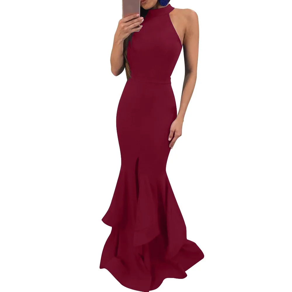 

Women Sexy One Shoulder Long Dress Sleeveless Split Dress Summer Spring New Lasies Slim Flounced Edge Floor-Length Dress