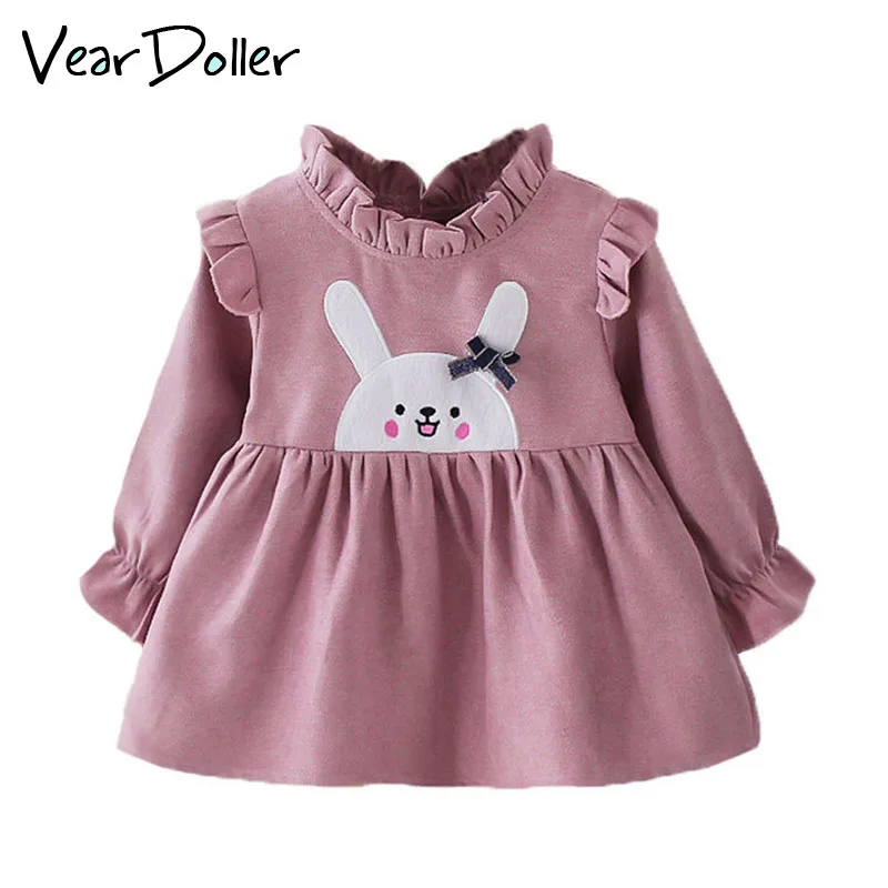 

VearDoller Girl Casual Dresses Autumn Long Sleeve Children's Clothing Cartoon Rabbit Pattern Ruffles Kids Dresses for Girl Dress