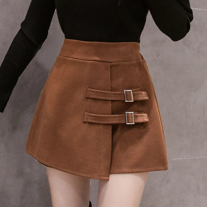 caramel colour 1 Шерстяные шорты с высокой талией, женские осенне-зимние юбки с пуговицами, шорты для девушек размера плюс, асимметричные мини шорты, короткие женские сапоги - Цвет: caramel colour 1