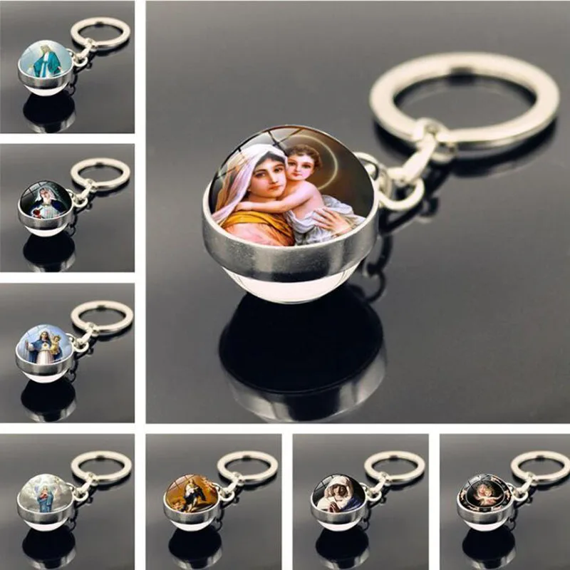 

WG 1pc 21 design Virgin Mary Time Gem Cabochon Keychain Pendant Double-sided Crystal Glass Ball Key Chain Jewelry