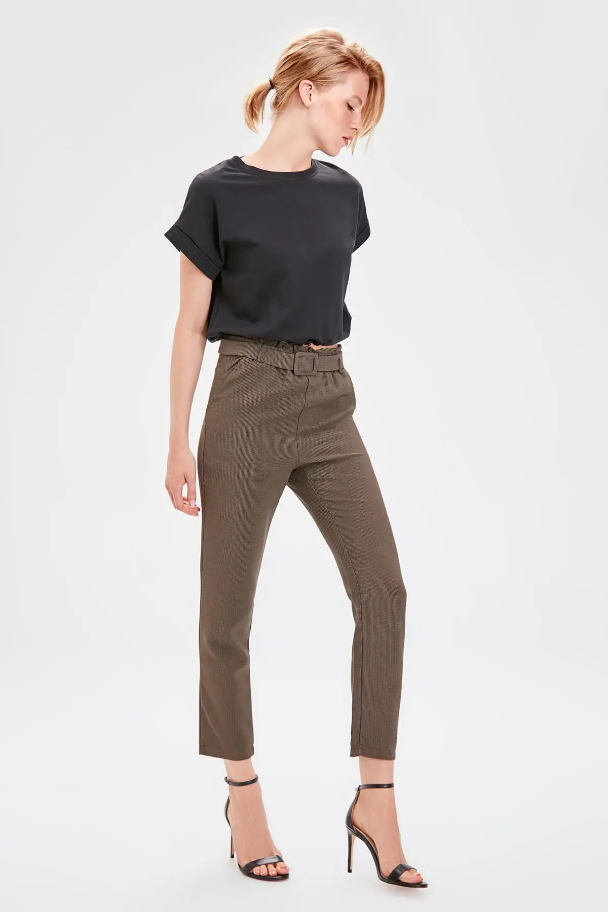Trendyol хаки гусиный столб узорные брюки TWOAW20PL0297