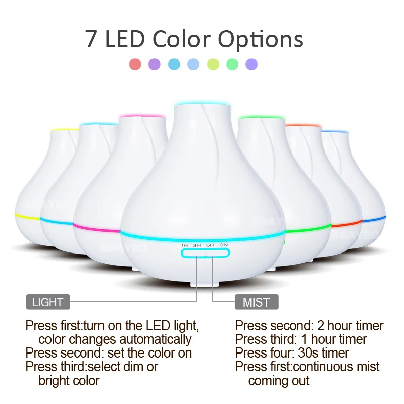 

White aromaumine diffuser 400ml flat-top humidifier 7 color LED select aromaumine bedroom