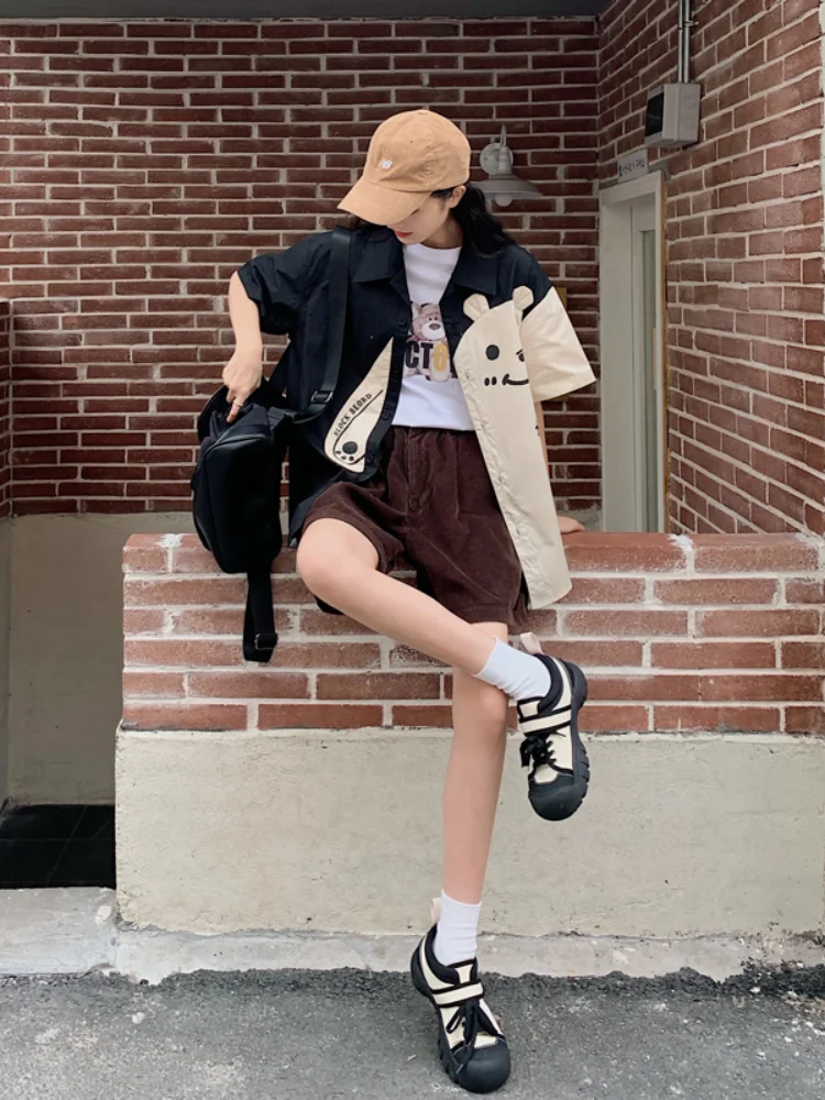 

Women's Blouses Casual Polo Shirt New Korean Fashion Short Sleeve Top Print Retro Loose Plus Size Shirts Summer Houthion