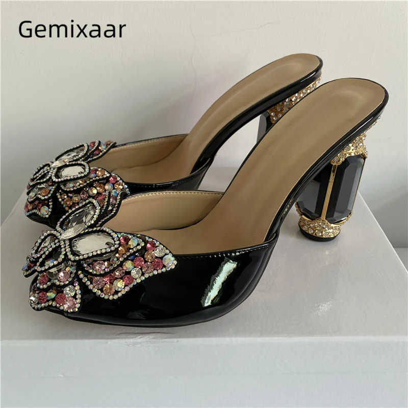 

Colorful Diamond Butterfly-flower Sandals Women Jeweled Rhinestone High Heel Slingbacks Patent Leather Peep Toe Mules Summer