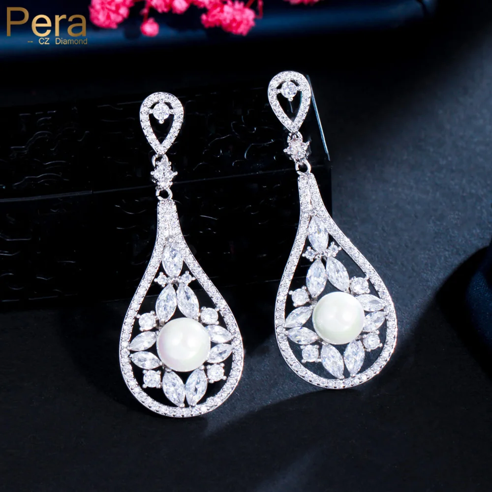 

Pera Elegance White Cubic Zirconia Wedding Banquet Party Long Dangle Drop Pearl Earring for Women Dress Jewelry Accessories E892