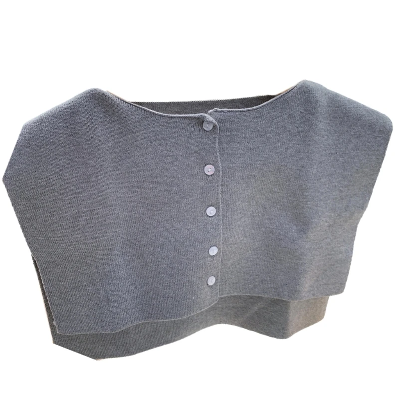 

Women Knitted Big Shawl Button Down Fake Collar Solid Color Neck Warmer Capelet