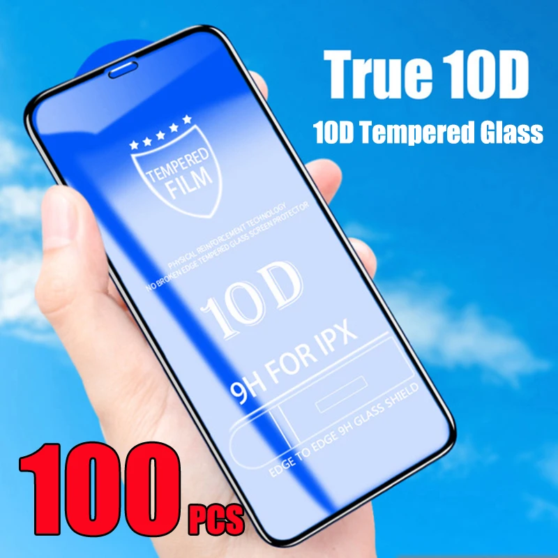 Закаленное стекло 10D с полным покрытием клея 100 шт. защитная пленка для экрана iPhone