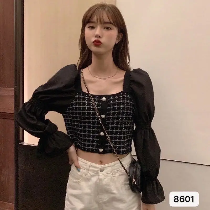 

2020 New Vintage Square Collar Crop Tops Fashion Patchwork Plaid Sweet Puff Sleeve Women Blouses Female Knitted Tops