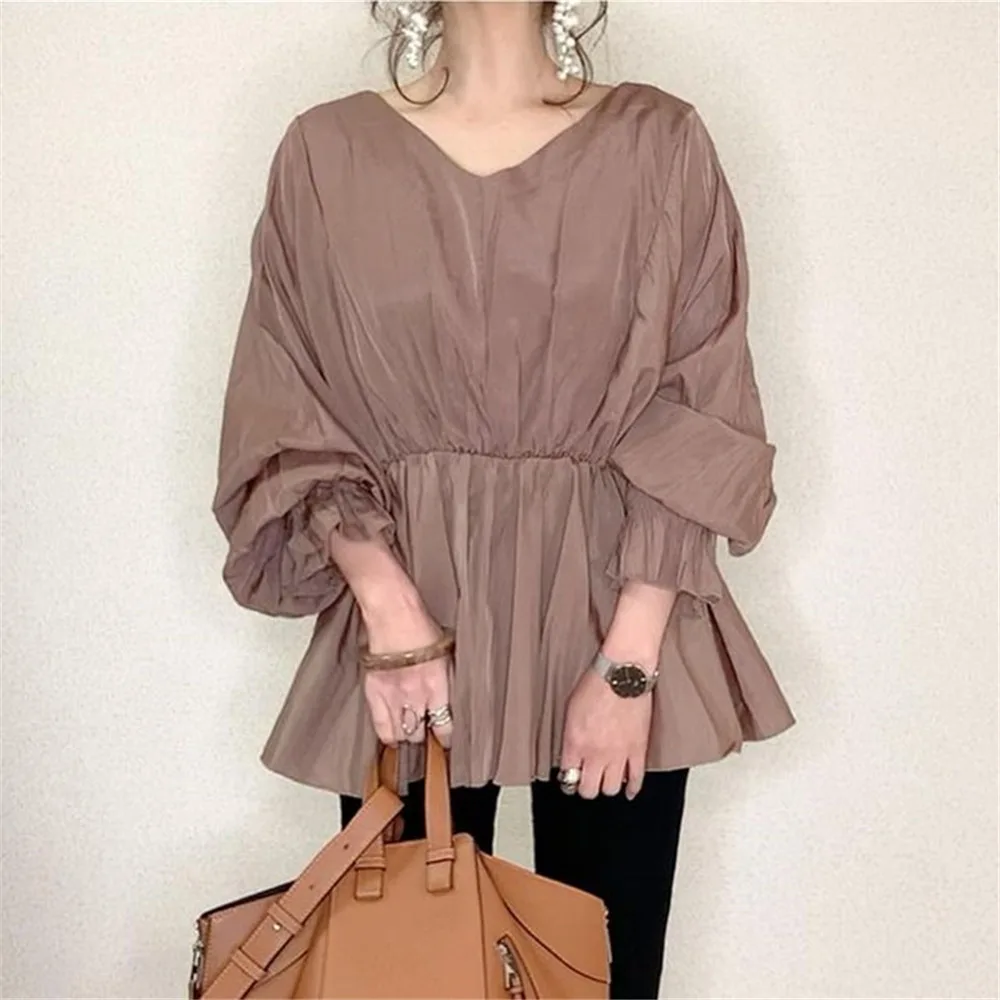 

Blouse 2021 Autumn New Ladies Shirt Korean Fashion Streamer Western Style Long-sleeved Temperament V-neck Chiffon Girl Japanese