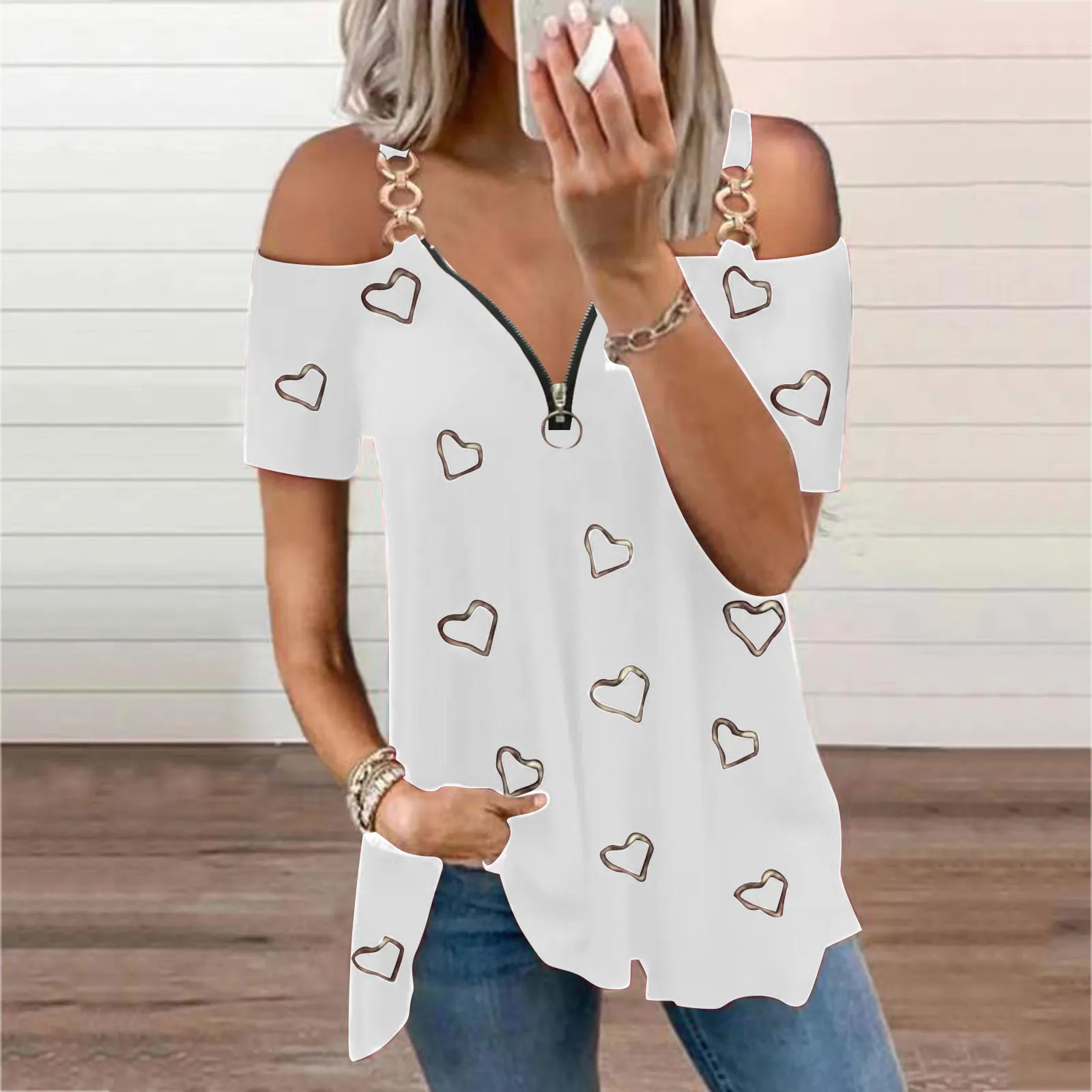 

Summer Womens Short-Sleeve Tops Casual T-Shirt Sexy Love Prints Off-Shoulder V-Neeck Zipper Loose Sling Tee Shirts Women Clothes